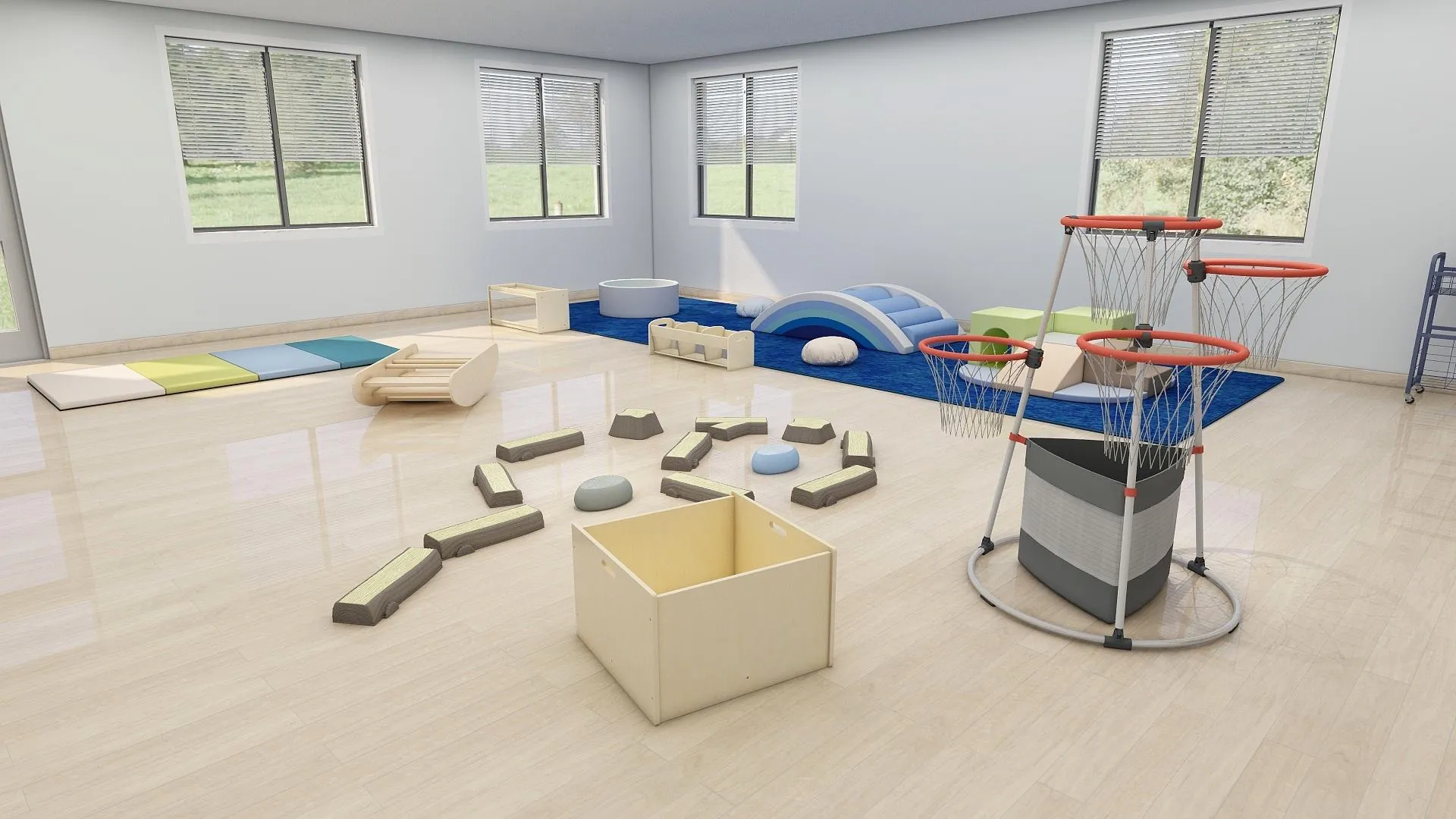Design rendering of the indoor play space with soft climbing equipment, balance logs, and basketball hoops