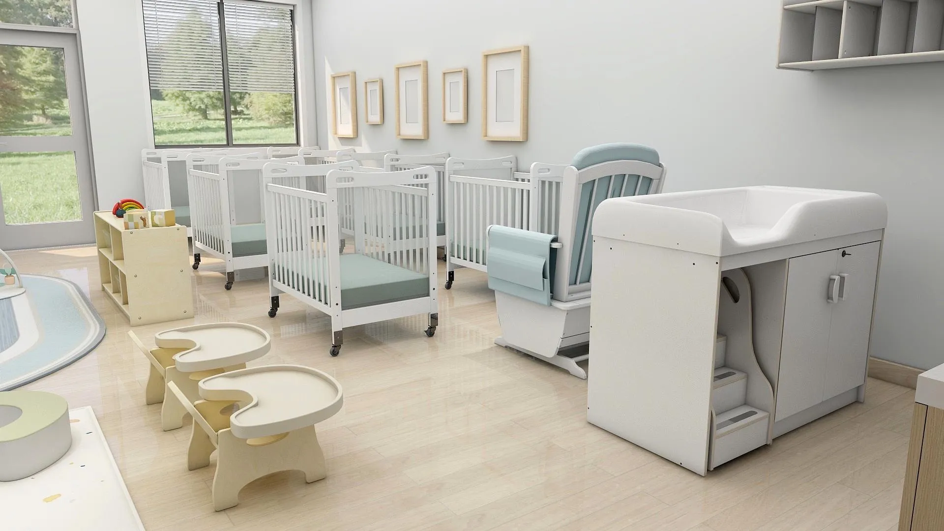 Design rendering of the IGA infant room with cribs, a changing station, and a soft play area