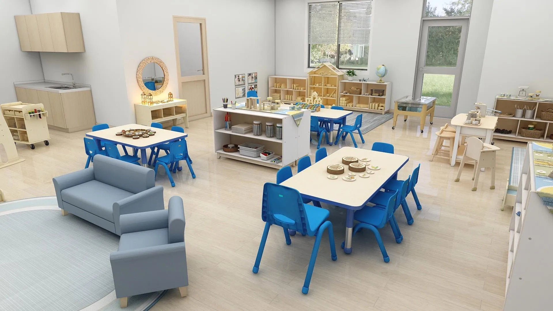 Design rendering of a preschool classroom with group tables, learning shelves, and a reading couch