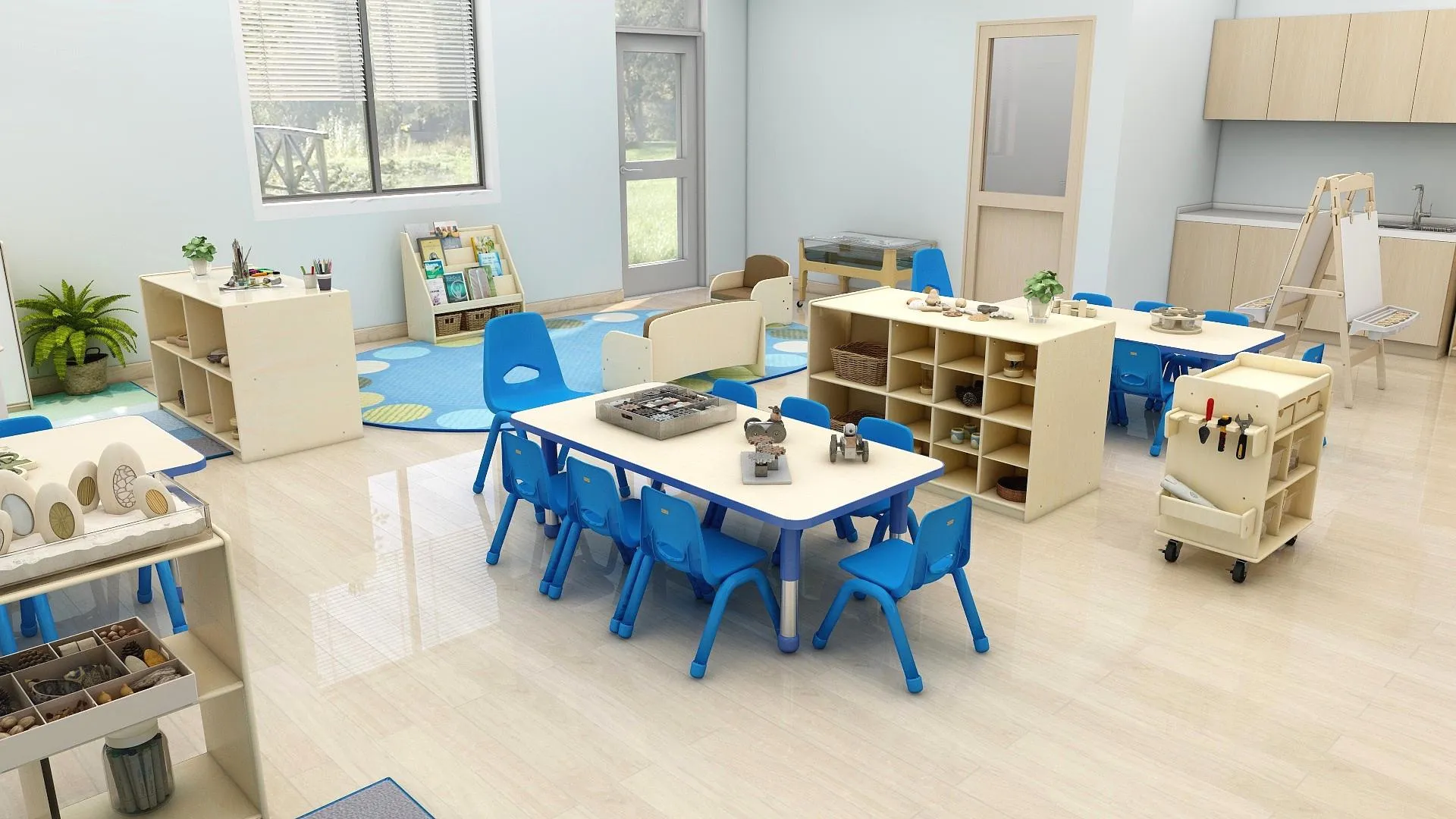 Design rendering of the IGA preschool classroom with a circle-time rug, small-group tables, and a reading nook