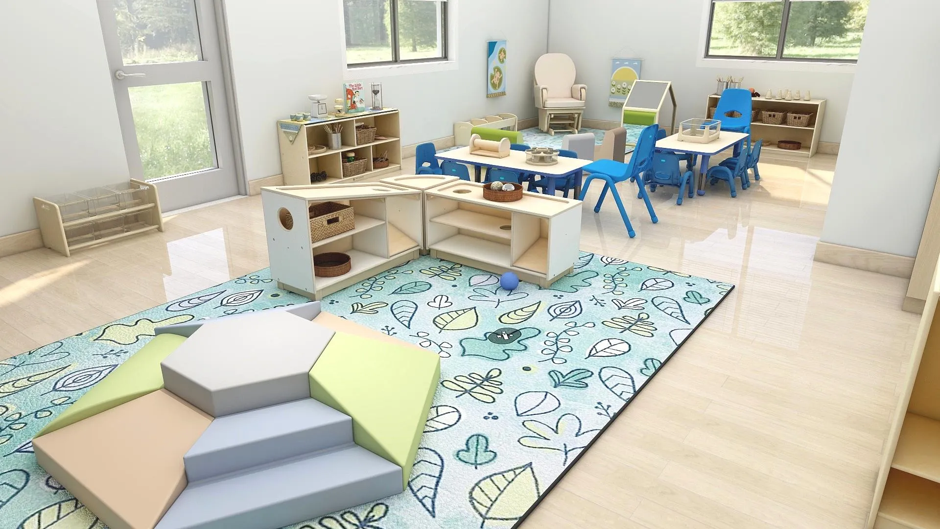 Design rendering of the IGA toddler classroom with a soft climber, leaf-patterned rug, and low activity tables
