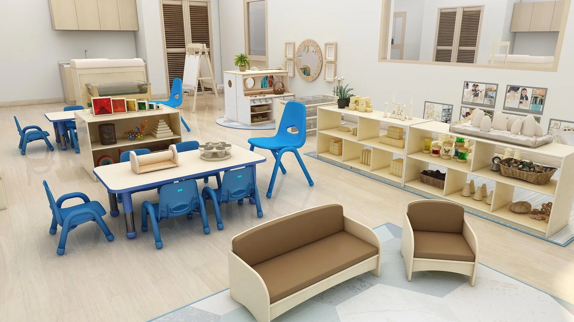 Design rendering of the IGA two-year-old classroom with learning centers, a play kitchen, and child-size seating