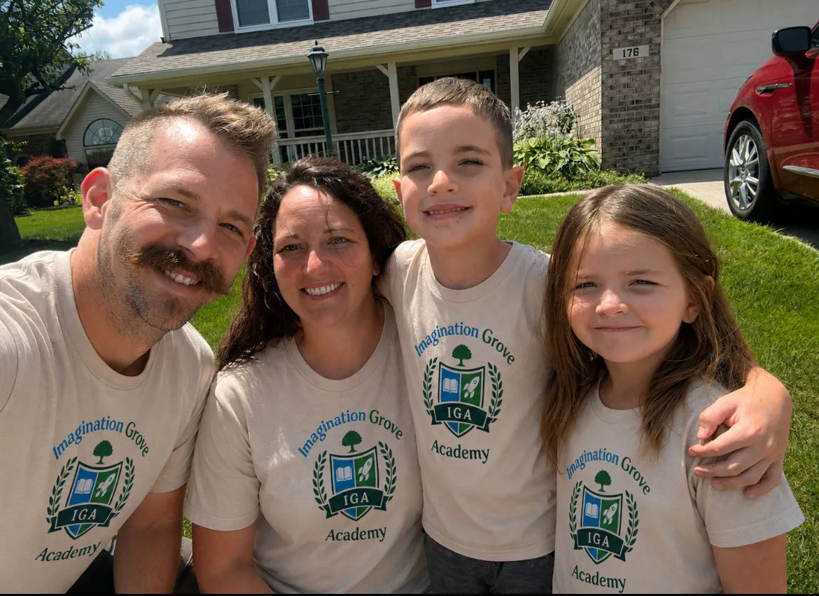 Emily Lee with her family of four, all wearing Imagination Grove Academy shirts